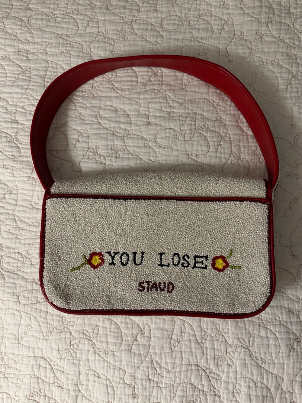 STAUD Cream Beaded Shoulder Bag with Red Trim - Picture 5 of 8